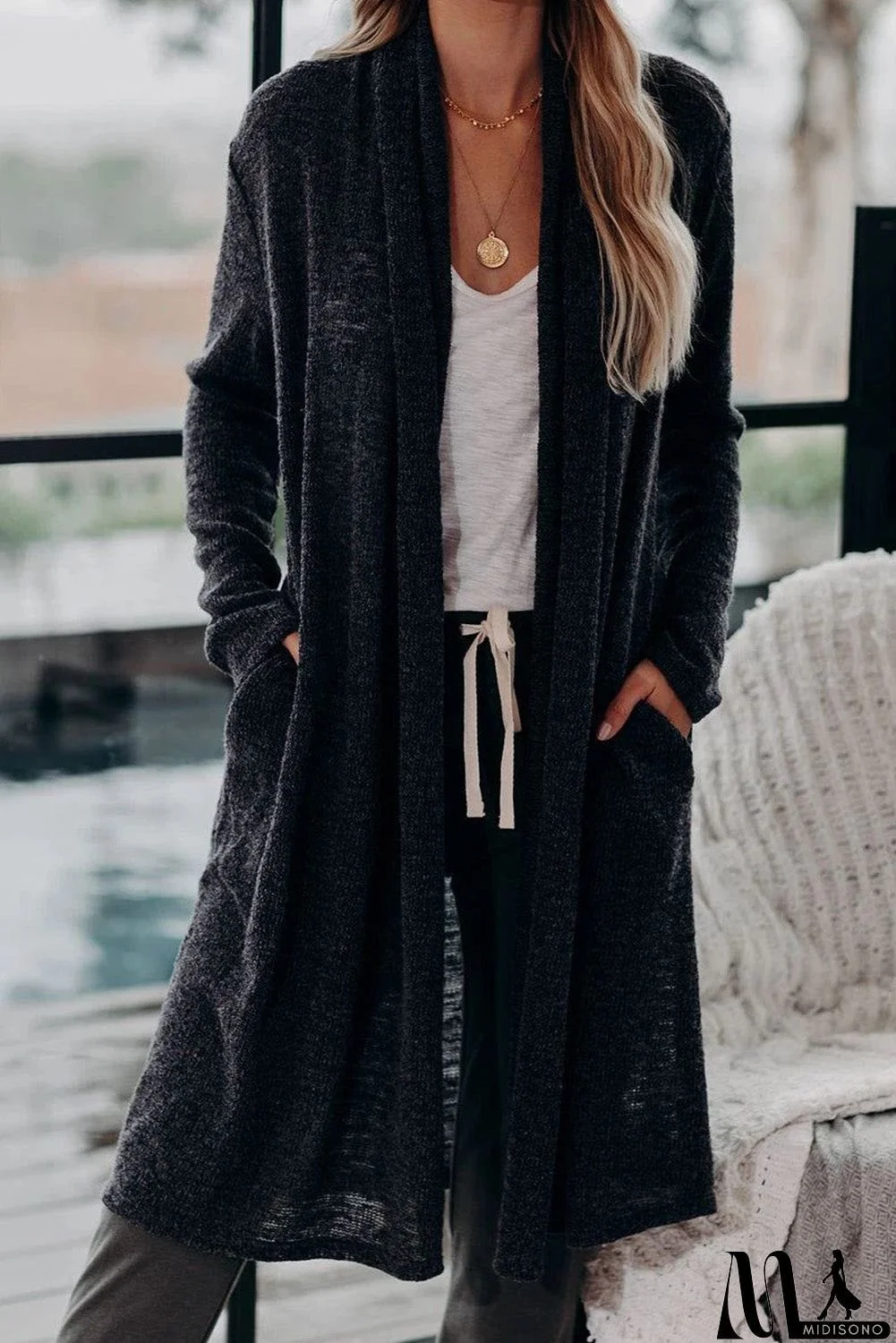 MidiSono - Slouchy Pocketed Knit Longline Cardigan