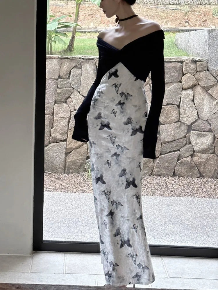 Elegant Velvet Patchwork Midi Dress Women Autumn Winter V-neck Long Sleeve Butterfly Print Knitted Dress Party Female Robe New LANFUBEISI