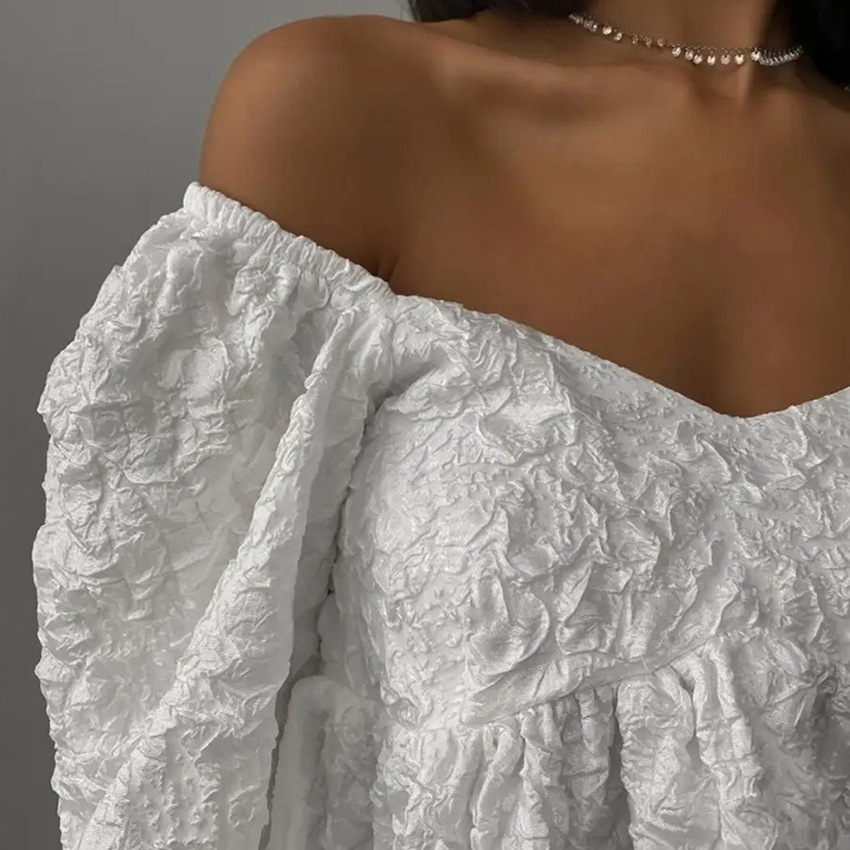Ootddress Jacquard V-neck Dress For Women Bubble Sleeve Niche Design Solid Color Loose Fashion Ladies Short Dress 2025 Summer New