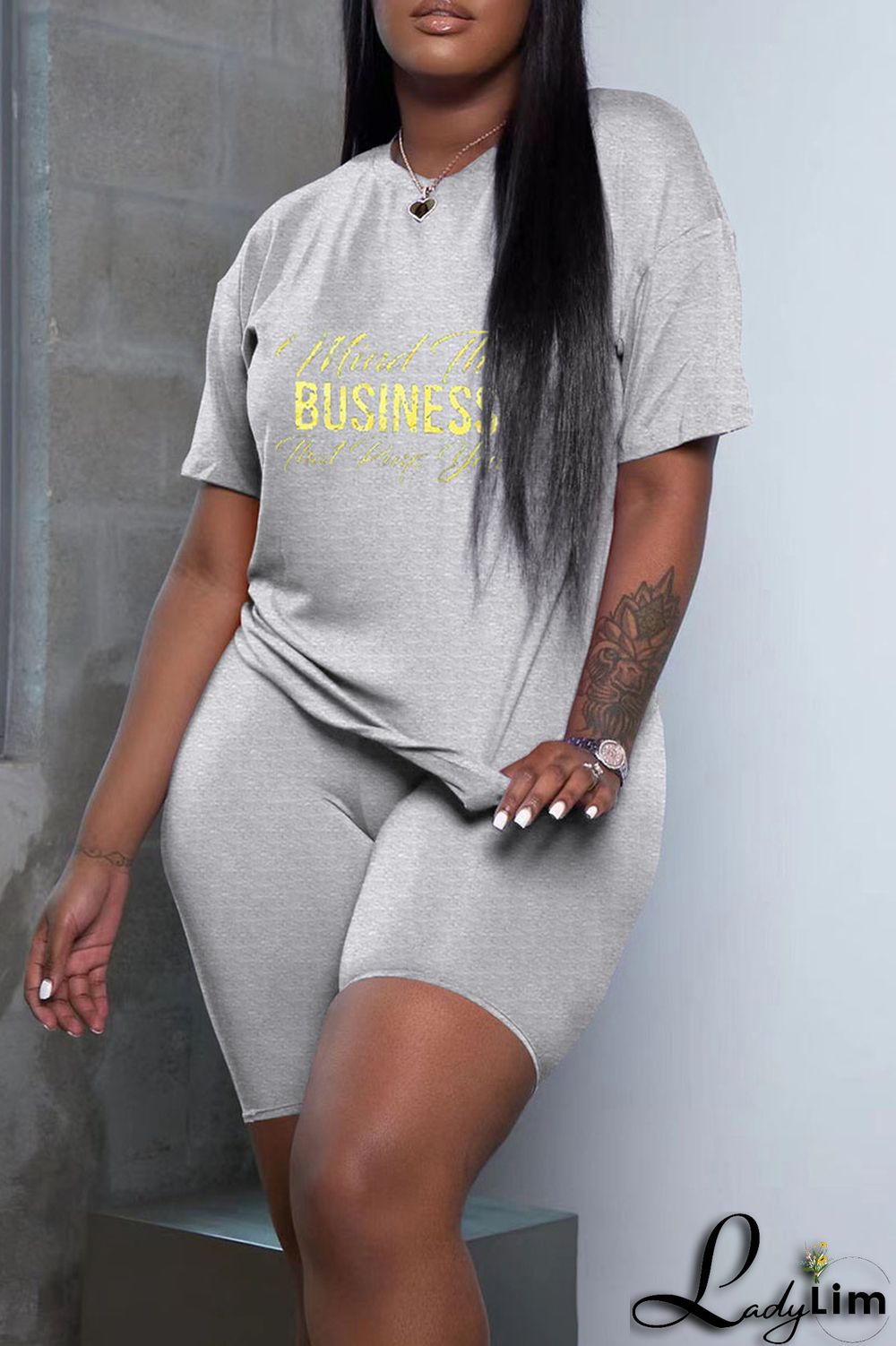 Black Fashion Casual Letter Print Basic O Neck Short Sleeve Two Pieces