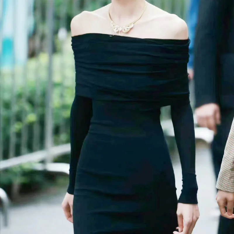 Uveng Uveng Autumn Women's Liu Wen With A Sexy Shoulder French Temperament Slim Dress