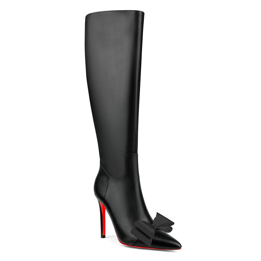 100mm Women's Fashion Zipper Leather High Heels Knee Boots Red Bottom Bowknot Shoes-MERUMOTE