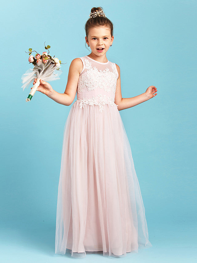 Oknass Princess A-Line Jewel Neck Floor Length Tulle Junior Flower Girl Dress With Pleats Appliques Wedding Party See Through