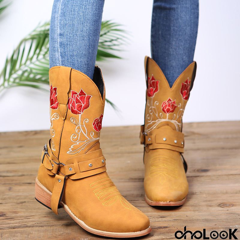 Womens Mid-Heel Fashion Embroidered Rose Mid-Calf Boots With Buckles
