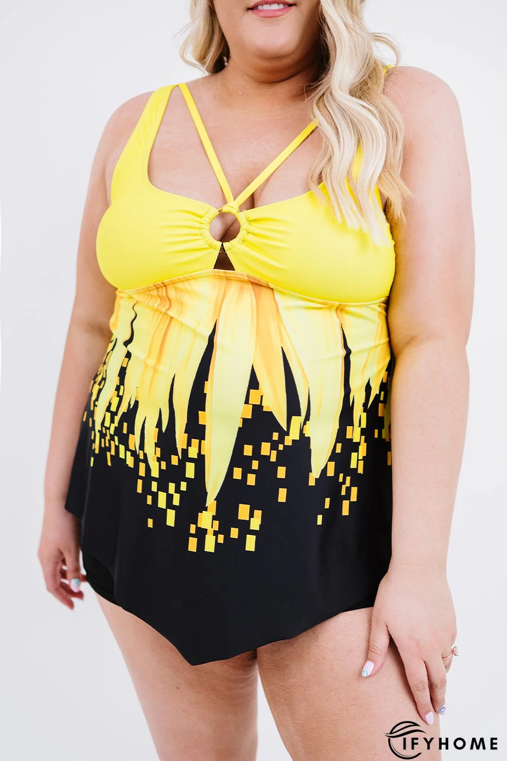 Yellow Sunflower Print Ring Detail Swimdress and Shorts Plus Size Tankini | IFYHOME