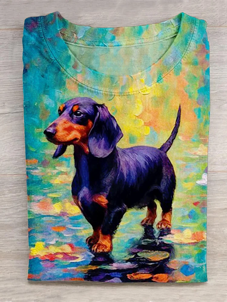 Funny Cute Oil Painting Dachshund Dog Art Print Design T-shirt