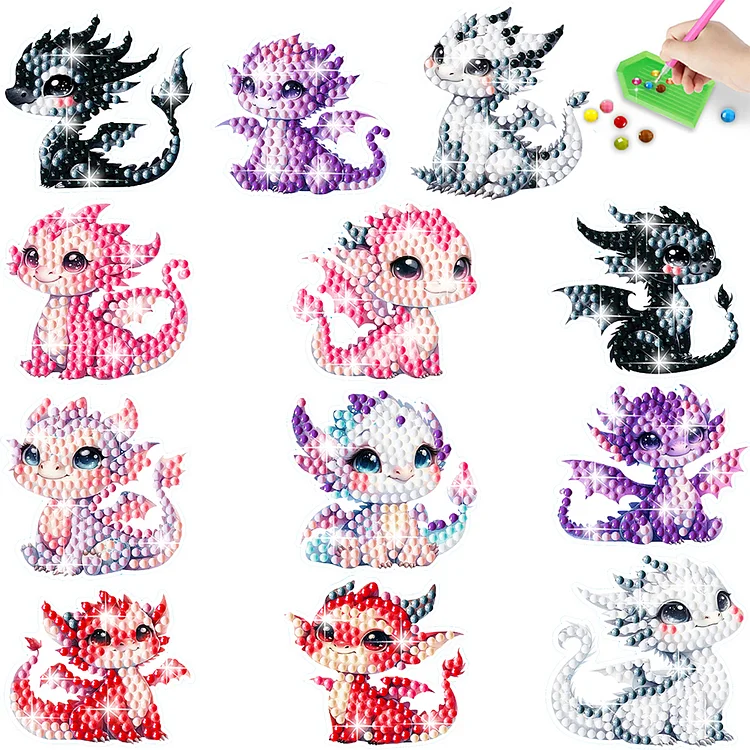 12Pcs Dragon Diamond Painting Sticker Cartoon Dragon Gem Sticker for DIY Arts gbfke