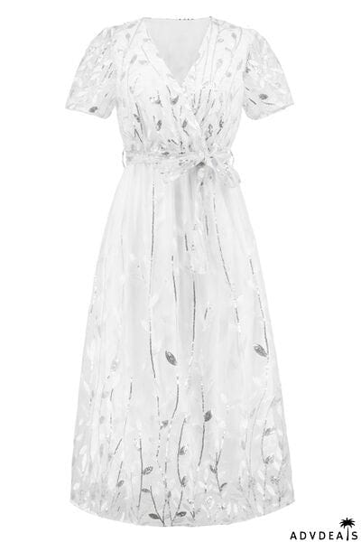 Sequin Leaf Embroidery Tie Front Short Sleeve Dress