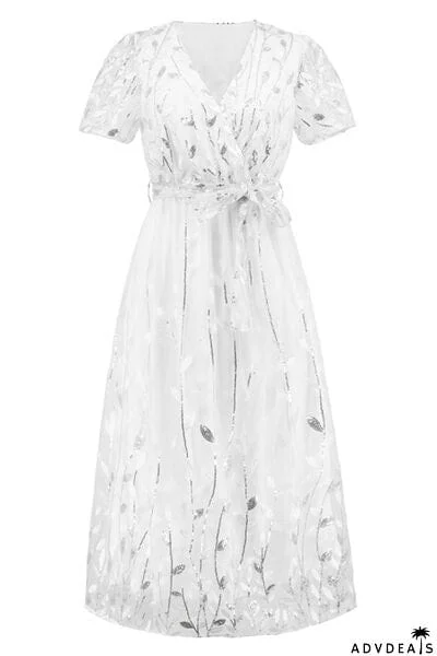Sequin Leaf Embroidery Tie Front Short Sleeve Dress