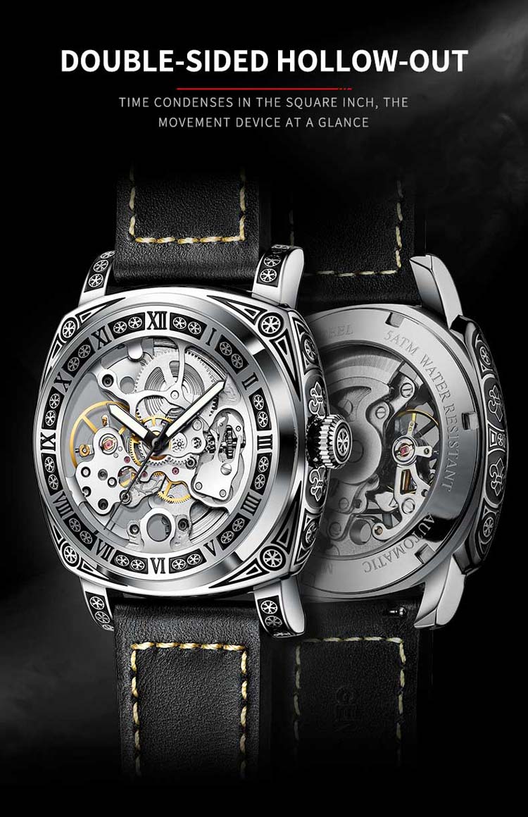 AIERSHI 44865 fashion black men mechanical watch creative Genuine Leather Strap water resist auto date character business watch