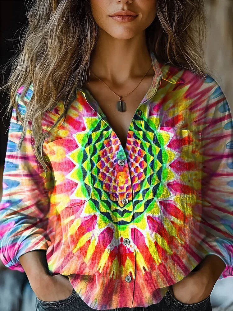 Women's Trippy Tie Dye Kaleidoscope Print Casual Long Sleeve Comfortable Cotton Shirt