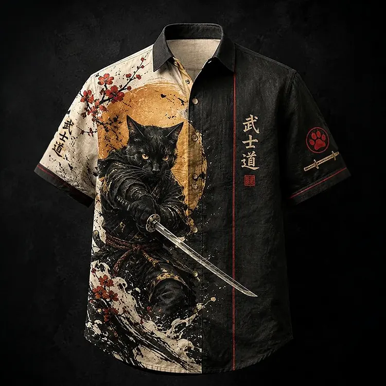 Men's Retro Japanese Art Cat Design Cotton Linen Shirt