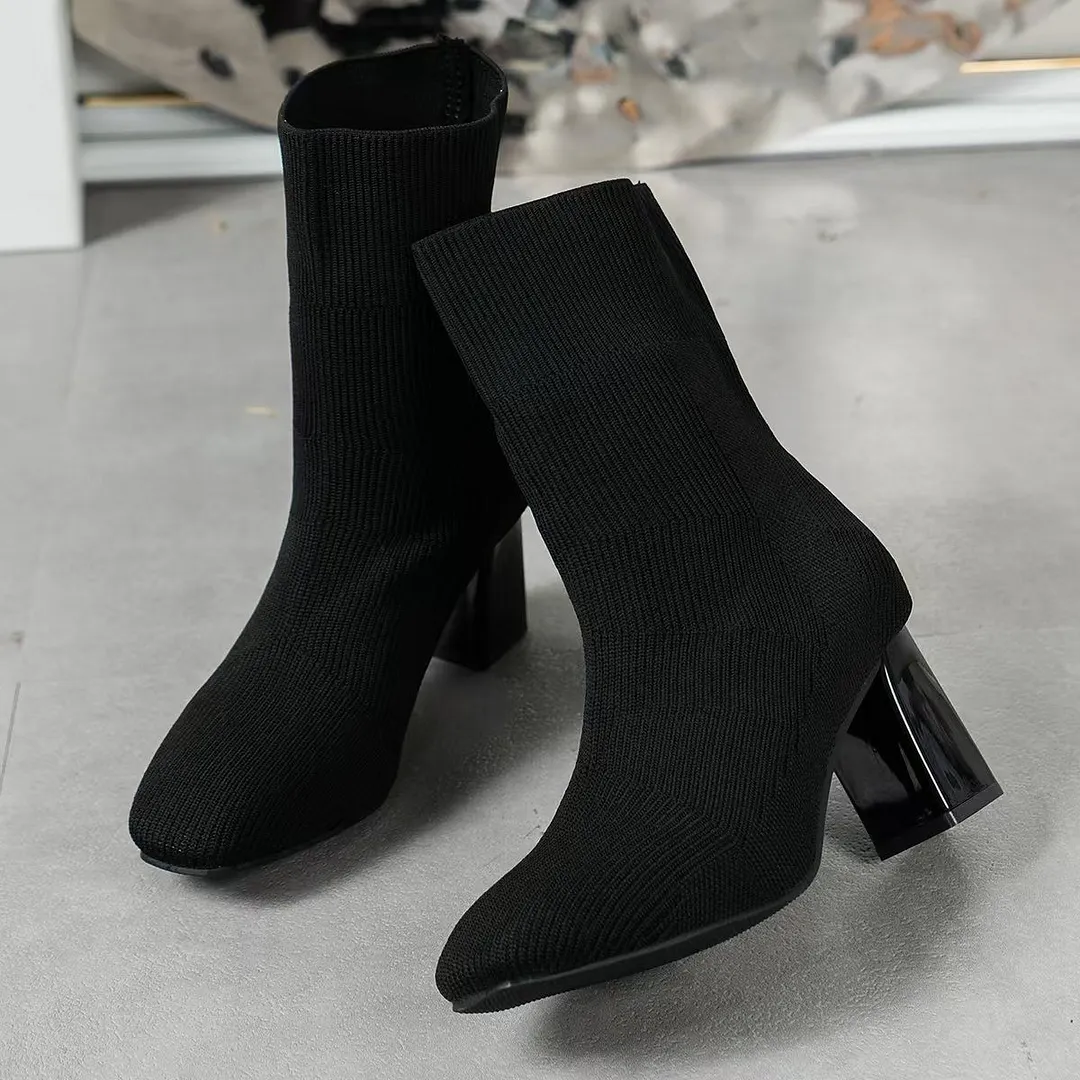 Breakj Breakj Boots 2025 New Autumn/Winter Sharp Head Weaving Big Size Women's Boots Coarse High Heel Middle-T-Big-Hee Thin-Skinned Socks Boots
