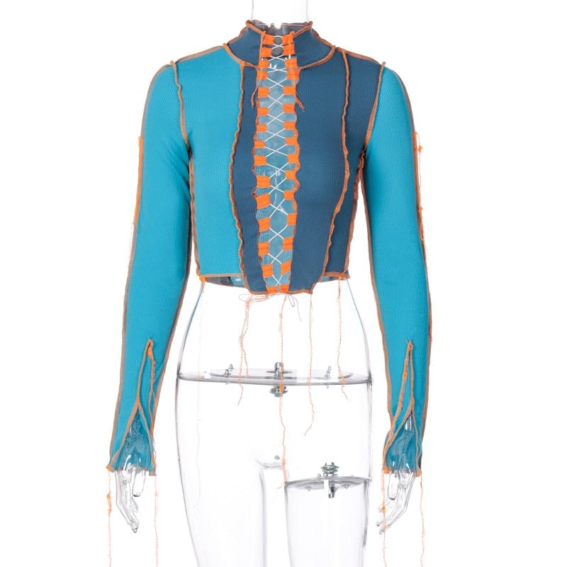 Patchwork Sexy Hollow Out Women Tie Front Top Long Sleeve Hot Bodycon Club Birthday Ribbed Cropped T Shirts Autumn 2020