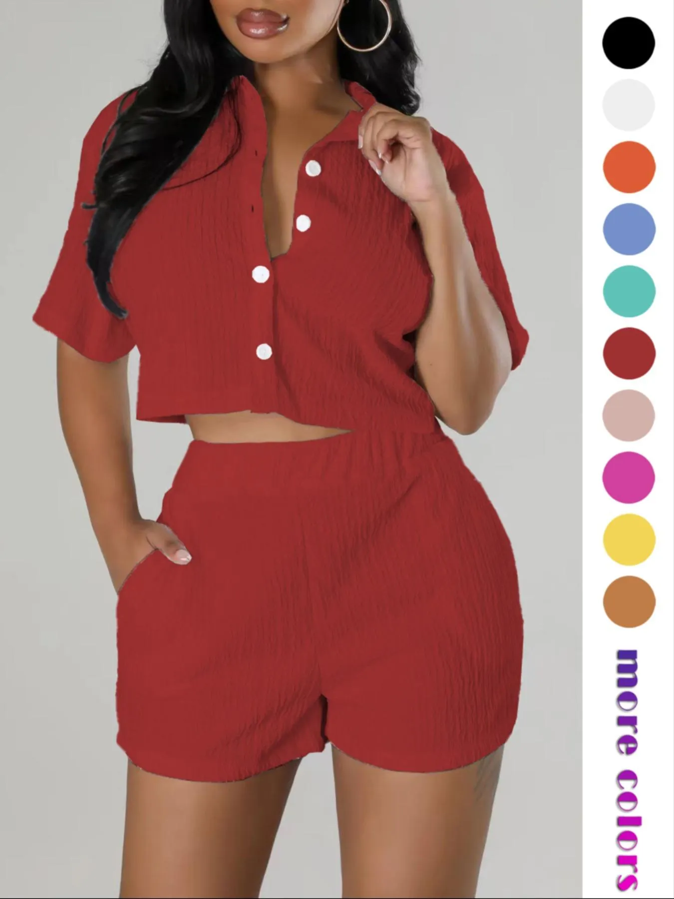 Two-piece Set Women's Textured Button Front Shirt & Elastic Waist Shorts Set, Chic Versatile Short Sleeve Collared Top & Pocket Design Shorts, Casual Style Two-piece Outfits for Women, Womenswear, Matching Clothing Set Two-piece Set Women's Textured Button Front Shirt & Elastic Waist Shorts Set, Chic Versatile Short Sleeve Collared Top & Pocket Design Shorts, Casual Style Two-piece Outfits for Women, Womenswear, Matching Clothing Set