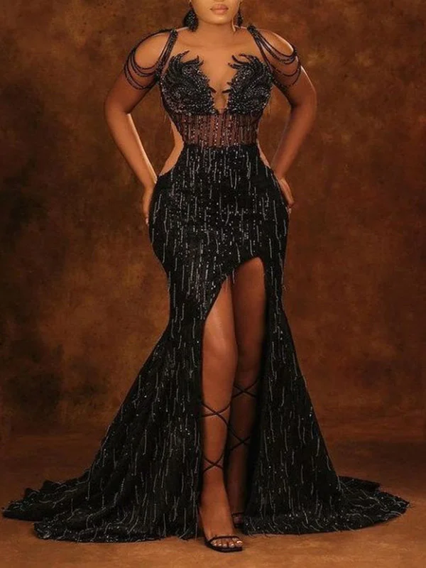 Spaghetti-Neck Belly-Hollow Sequined Split-Side See-Through Maxi Dress