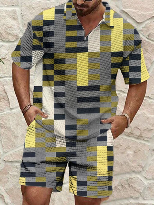 Men's Colorblock Geometric Art Print Zip Up Polo Shirt