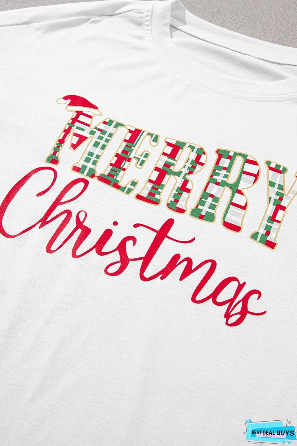 MERRY CHRISTMAS Round Neck Top and Plaid Pants Set