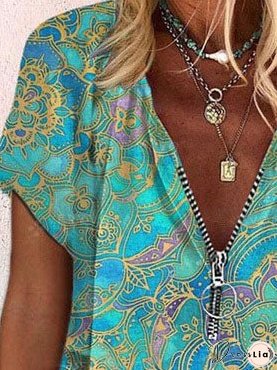 Printed Zipper V-neck Loose Short Sleeve T-shirts