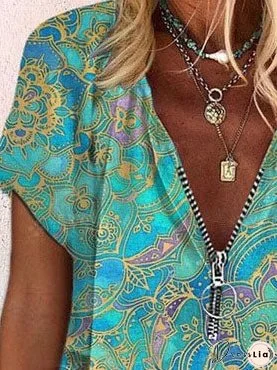 Printed Zipper V-neck Loose Short Sleeve T-shirts