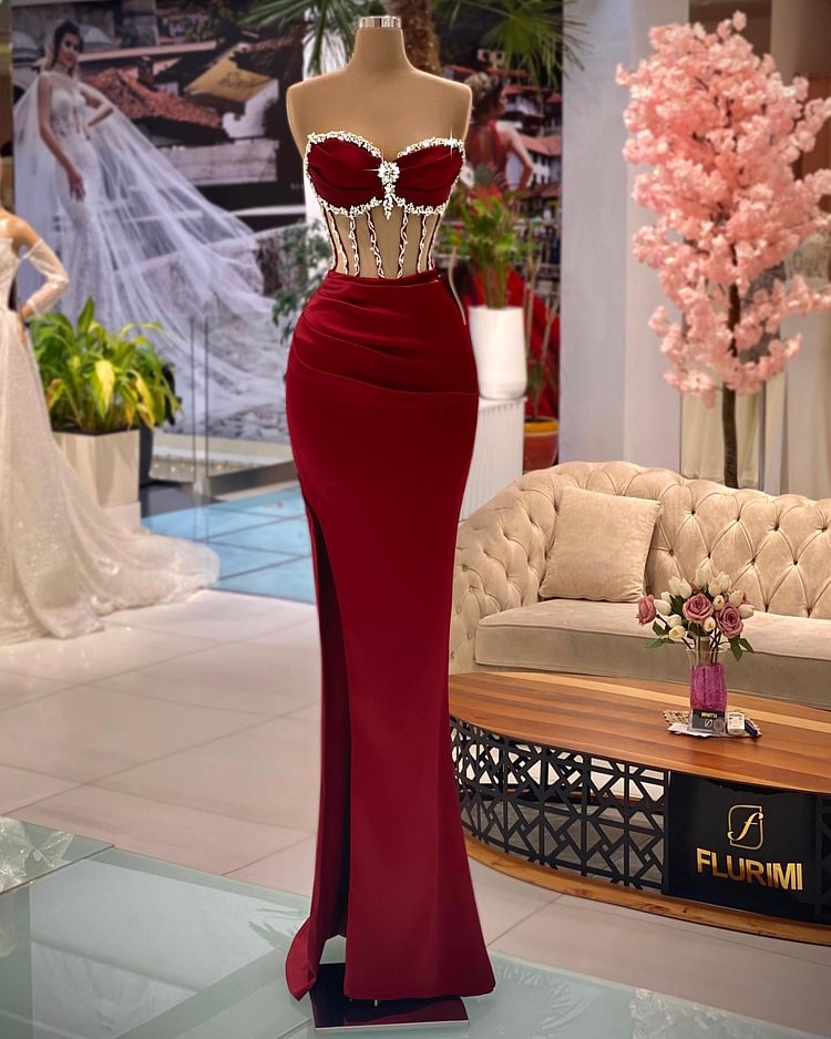 Hellodresses Burgundy Elegant Beaded Strapless Sleeveless Evening Dress With Split 
