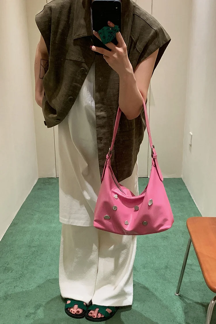 Daily Pink Rivet Leather Zipper Shoulder Bags