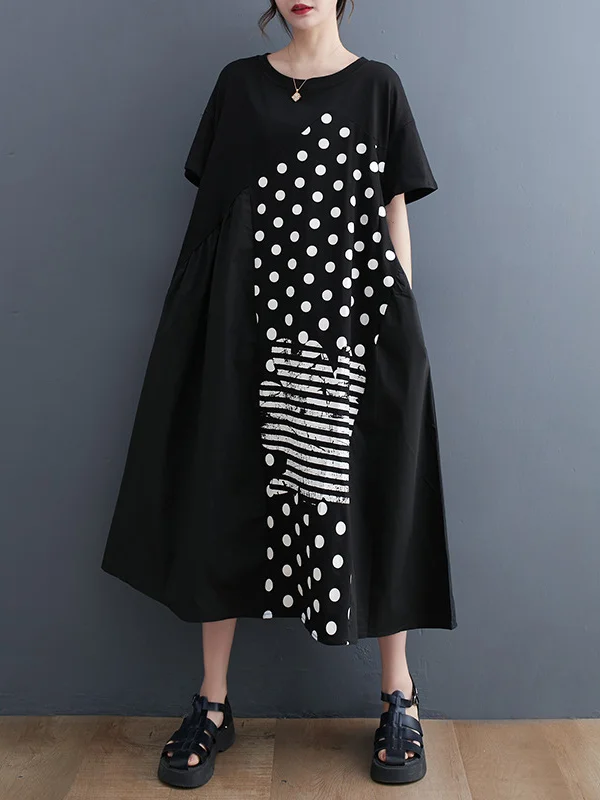 Irregularity Oversize Printed Striped Polka-Dot Split-Joint Round-Neck Midi Dresses