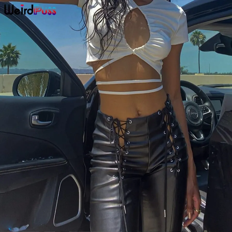 Weird Puss Sexy Y2K Leather Pants Hollow Bandage Bottoms Women Wild Streetwear Flare Pants Chic Ripped Hip Hop Faux Pu Trousers
