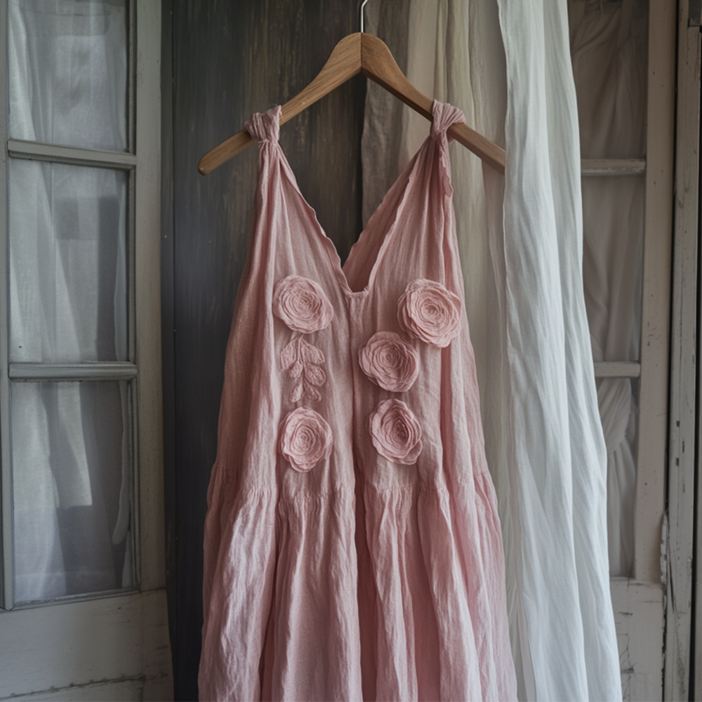Vintage Elegant Fashion Rose Pattern Linen Vest Dress