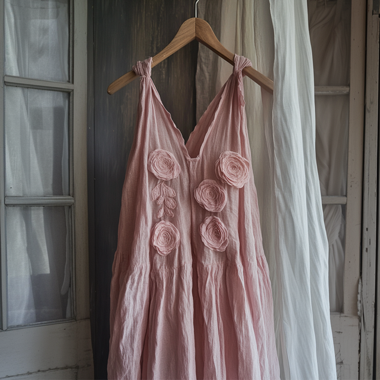 Vintage Elegant Fashion Rose Pattern Linen Vest Dress
