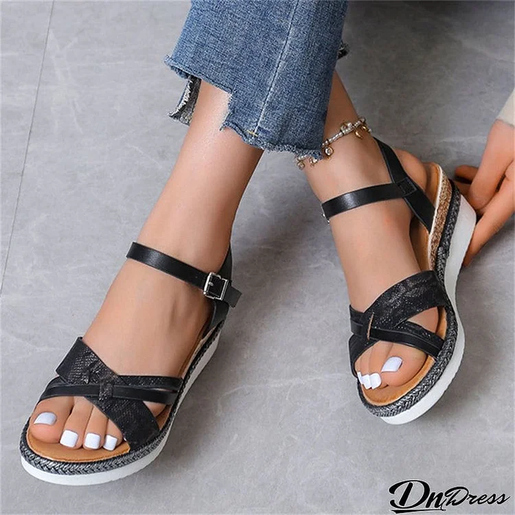 Casual Cross Strap Wedge Heel Buckle Roman Sandals for Women