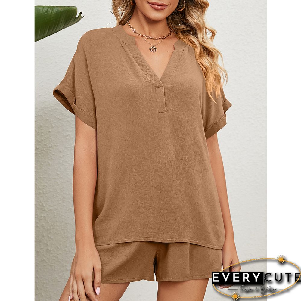 Khaki V Neck Top And Short Lounge Set