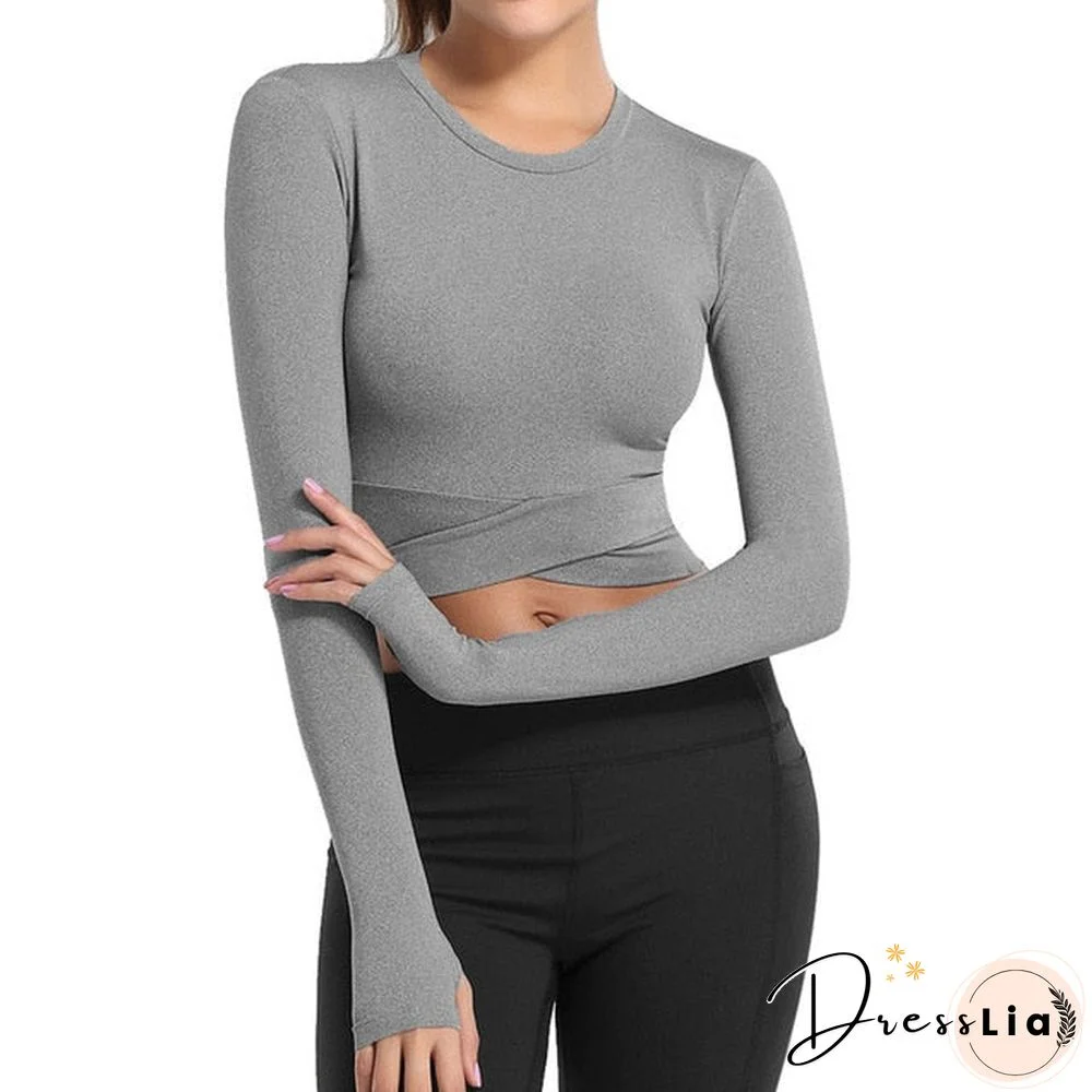 Women Long Sleeve Running Shirts Sexy Exposed Navel Yoga T-shirts Solid Sports Shirts Quick Dry Fitness Gym Crop Tops Sport Wear