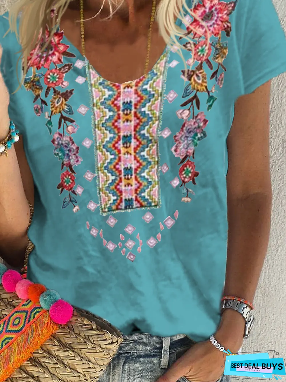 Floral V Neck Cotton Vintage T-shirt