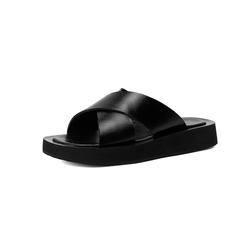 Vstacam Slippers Women Shoes Genuine Leather Sandals Flat Platform Med Heel Slides Round Toe Ladies Footwear Summer Fashion 40