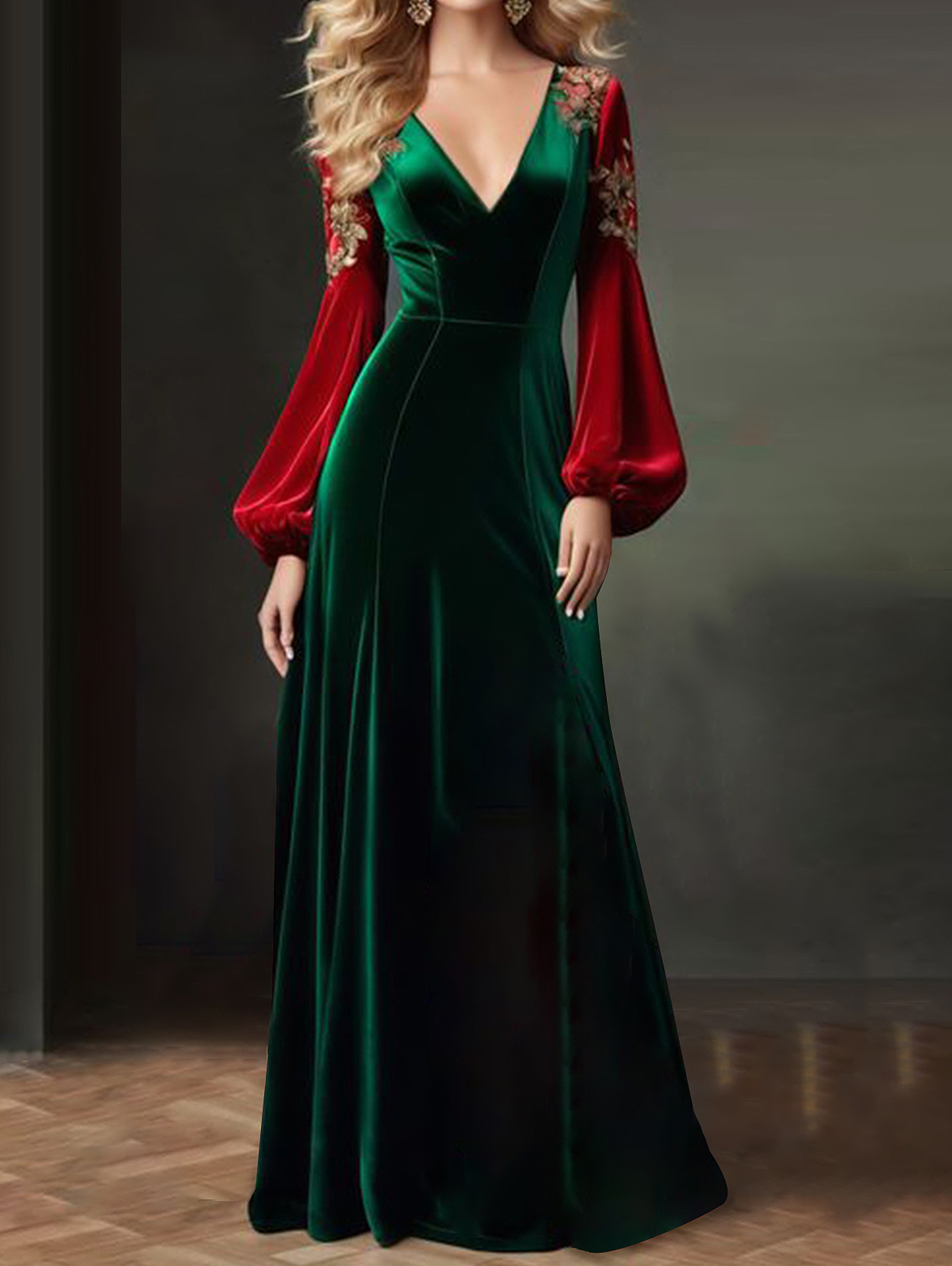 Ursime V Neck Applique Lantern Sleeve Velvet Maxi Dress