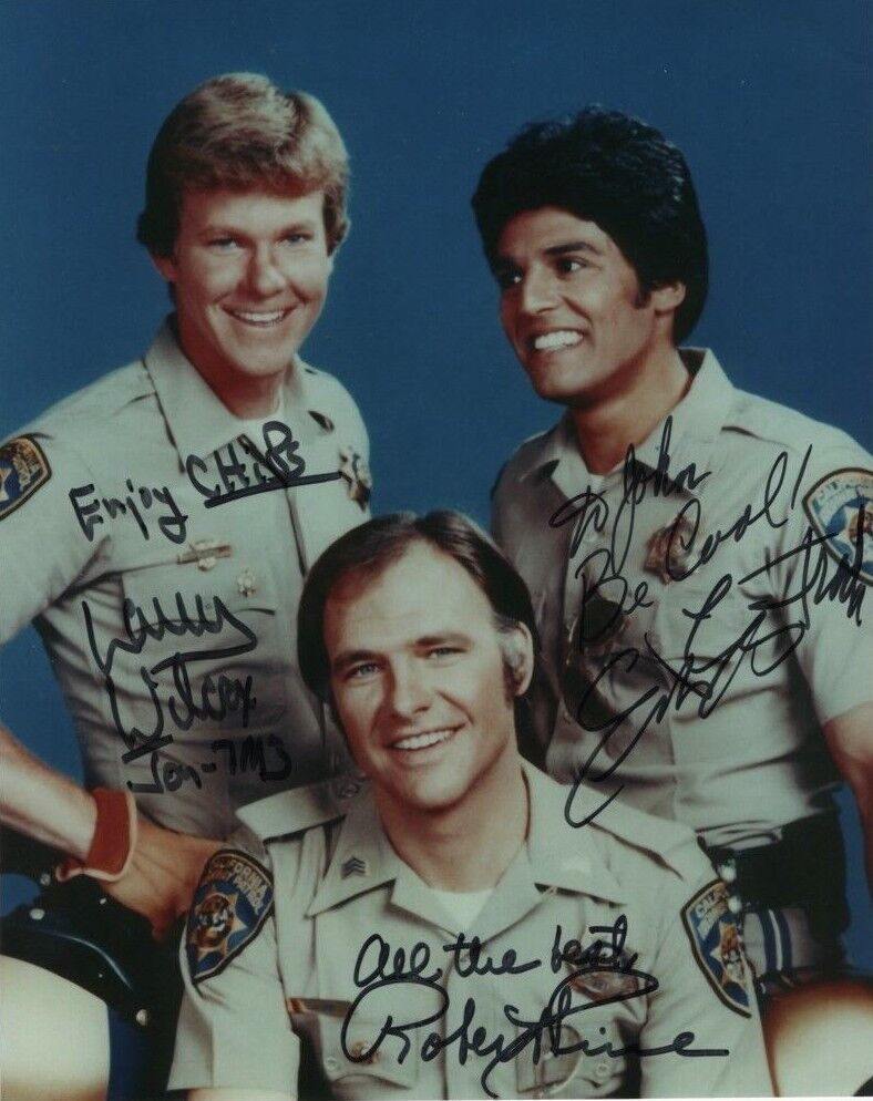 ERIK ESTRADA ROBERT PINE & LARRY WILCOX Autographed CHiPS Photo Poster paintinggraph - To John