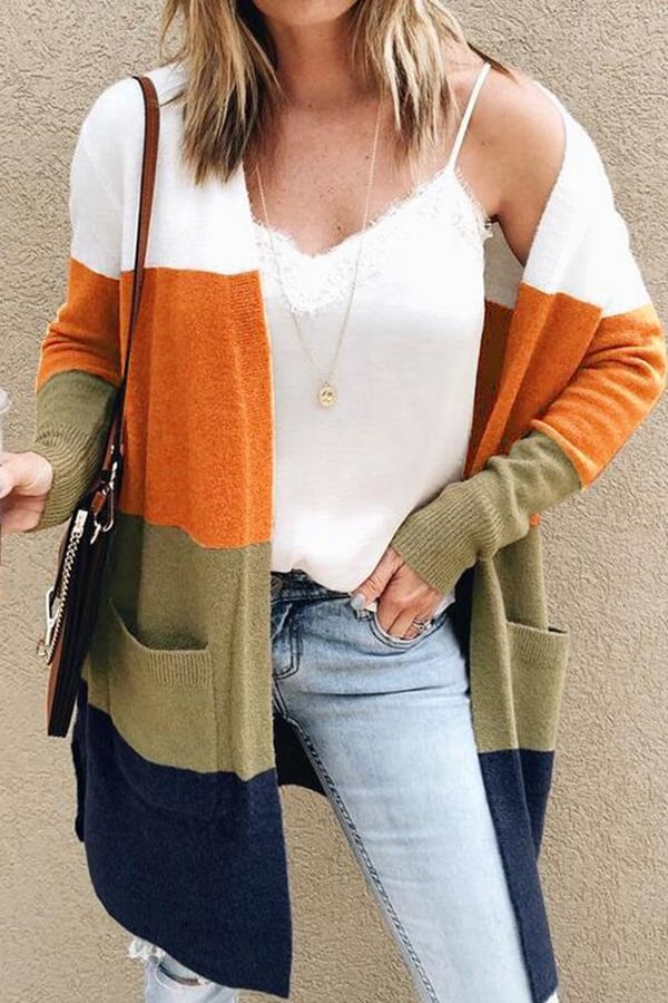 Colorblock Long Sleeve Pocket Knitted Cardigan