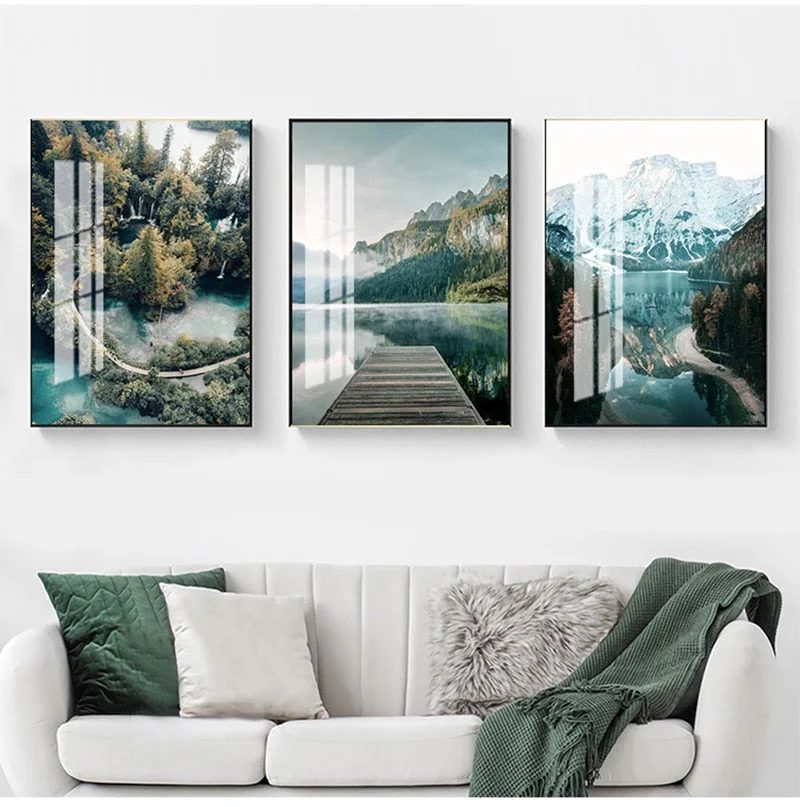 Scandinavian Nature Landscape Wall Art Poster Mountain Lake Boat Print Nordic Painting Decorative Picture Modern Home Decorati