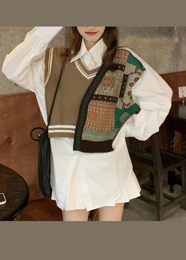 Casual Coffee Peter Pan Collar Patchwork Vest Shirt Top Spring