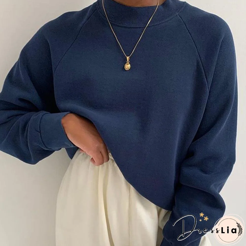 Ladies Casual Retro Plain Round Neck Loose Long Sleeve Sweatshirt