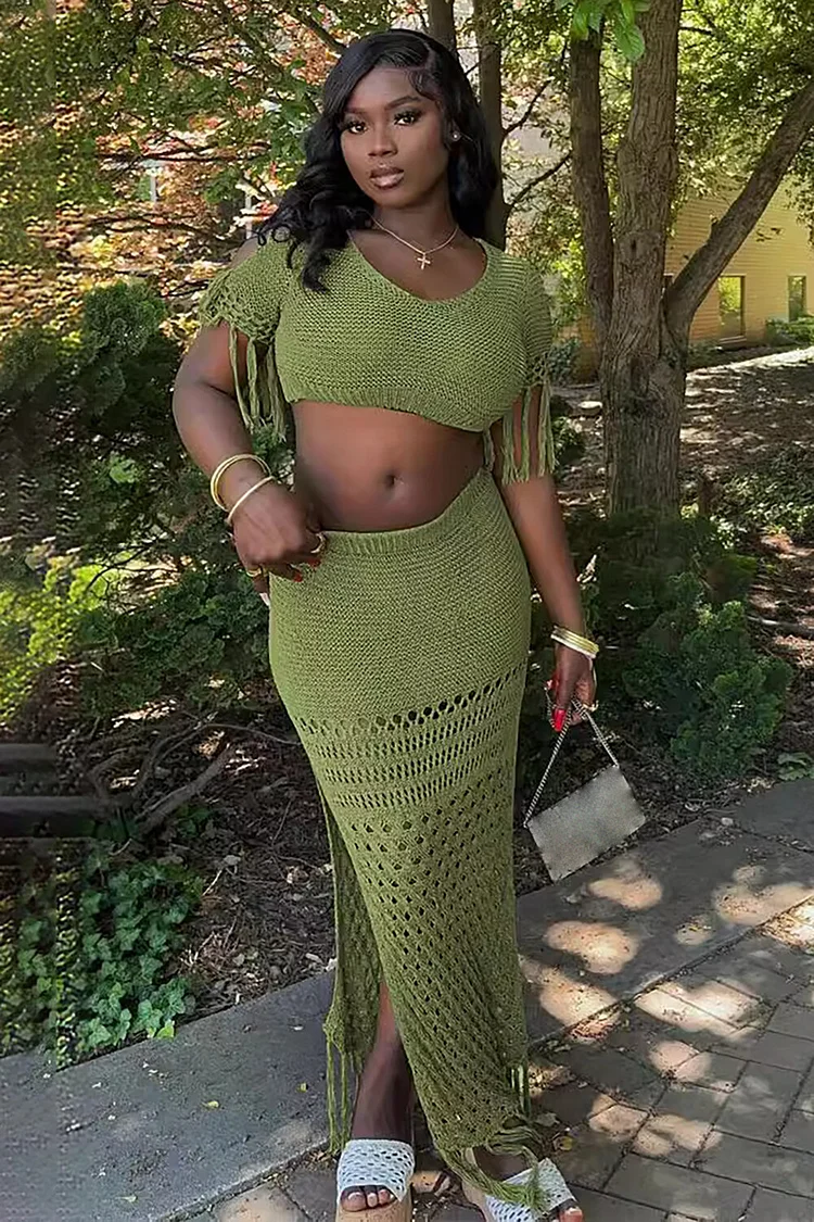 Knit Fringed Short Sleeve Crop Top Slit Hollow Out Maxi Skirt 2pcs Set-Green