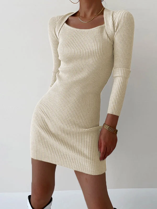 Women Long Sleeve Square Collar Solid Color Mini Dress Knit Sweater