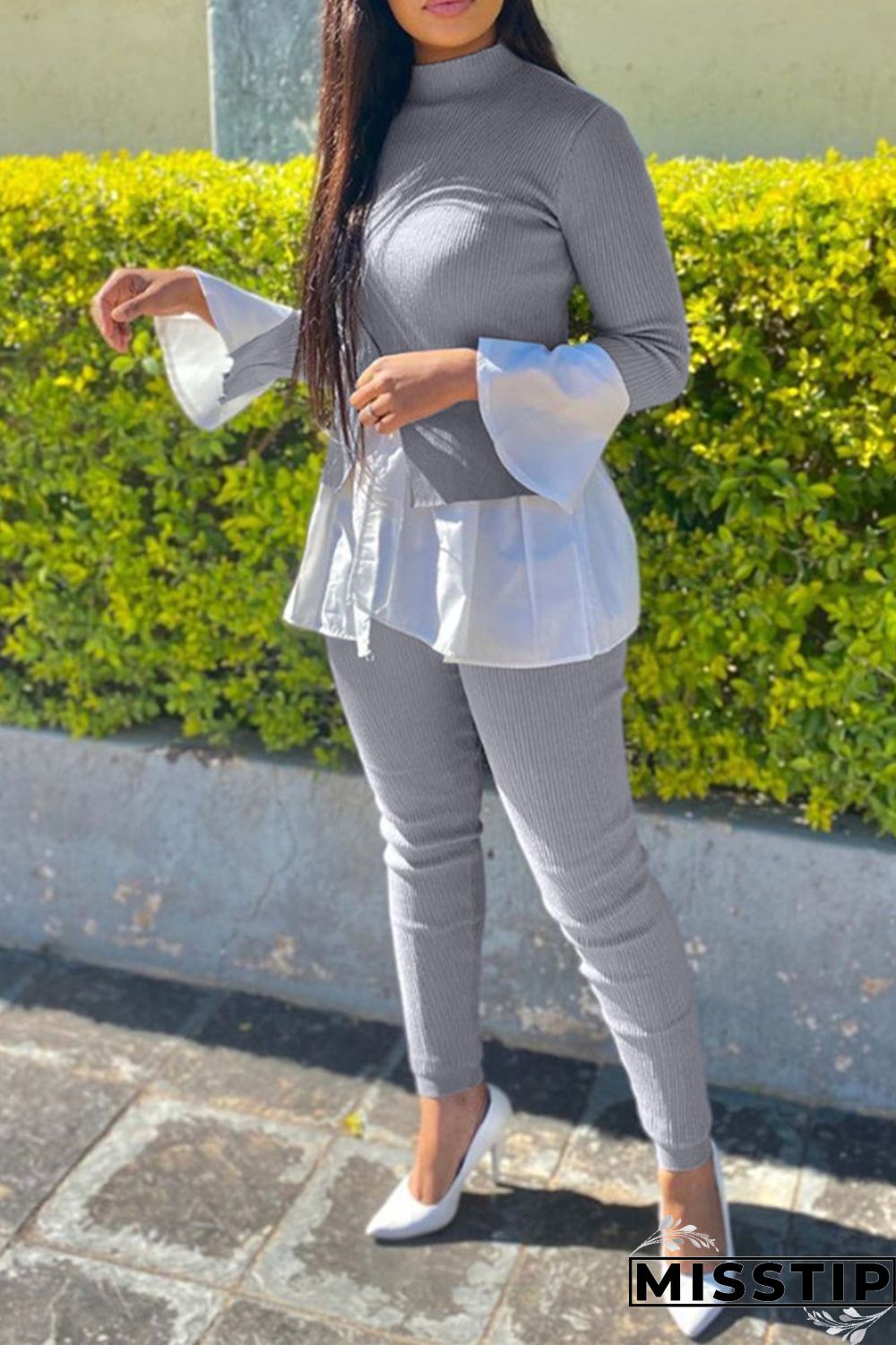 Grey Fashion Casual Patchwork Asymmetrical Half A Turtleneck Long Sleeve Two Pieces