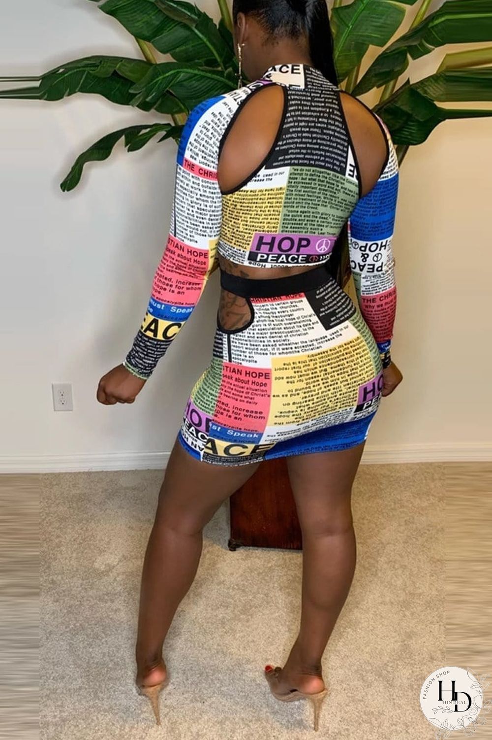 Sexy Newspaper Print Long Sleeve Two Piece