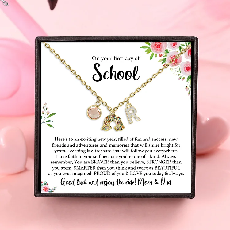 Back To School Personalized Rainbow Necklace Custom Birthstone and Initial Necklace
