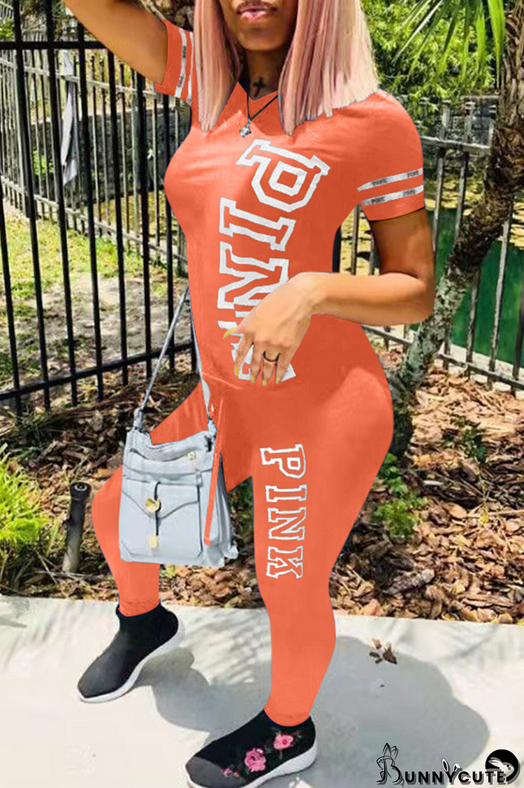 Tangerine Red Casual Patchwork Letter O Neck Short Sleeve Two Pieces