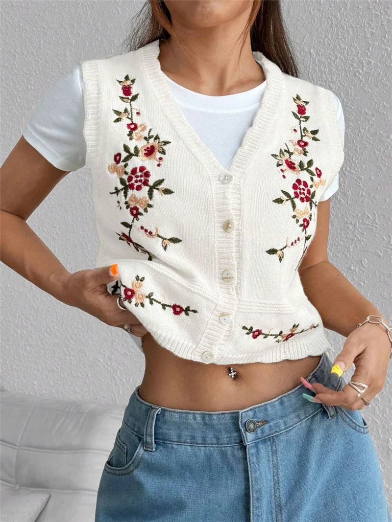 Athvotar Athvotar Fashion New Casual Embroidery Embroidery Knitted Sweater Women's Vest