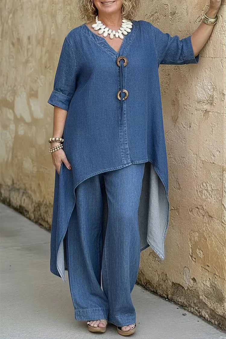 Plus Size Daily Casual Blue V Neck Half Sleeve Asymmetric Hem Wide Leg Tencel Denim Two Piece Pant Sets 2024 - Xpluswear