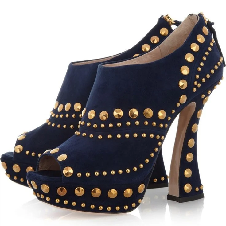 Navy Studs Shoes Peep Toe Vegan Suede Fashion Ankle Boots |FSJ Shoes